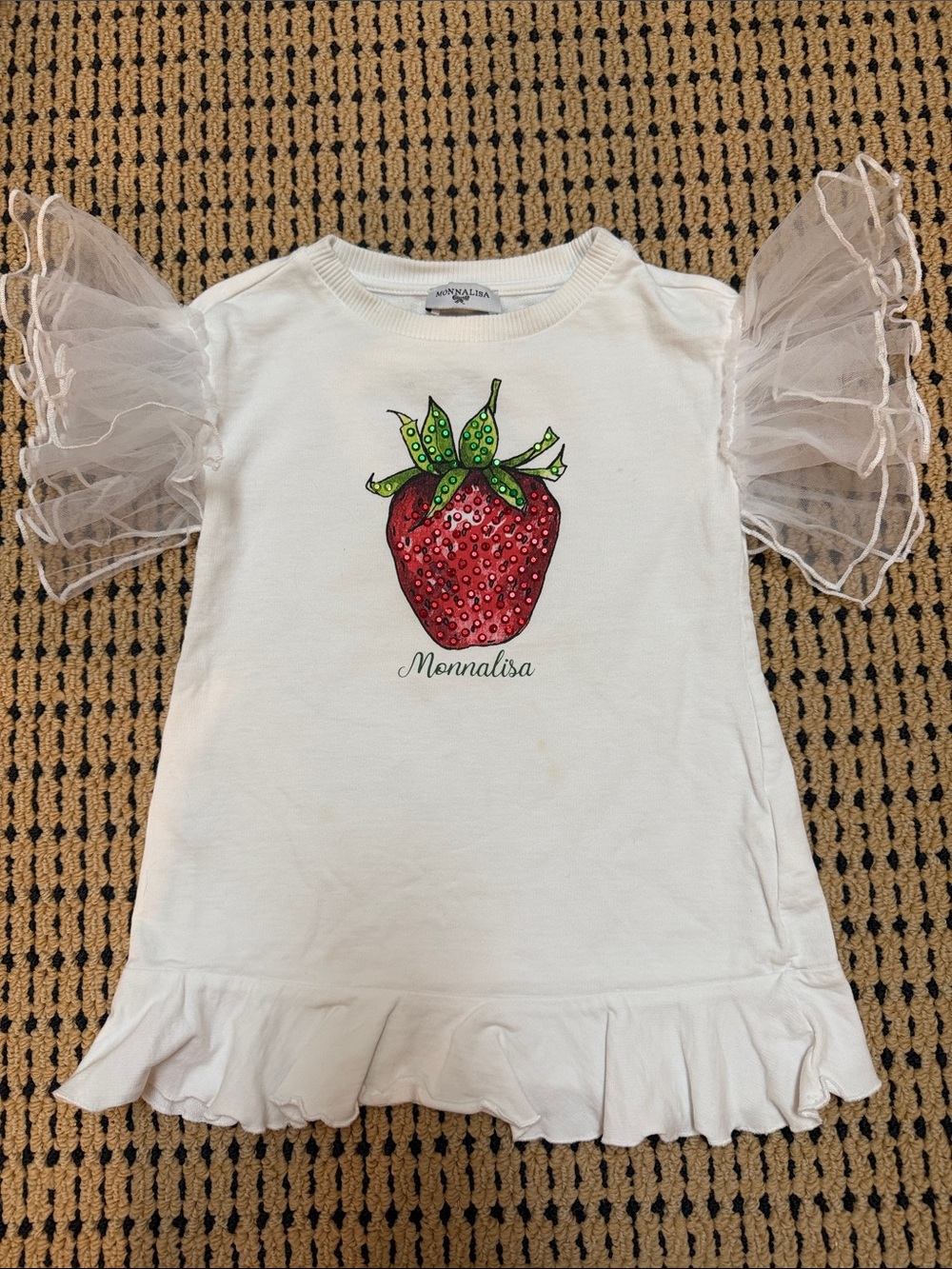 MonnaLisa White Girls' Strawberry Tee with Tulle Ruffle Sleeves